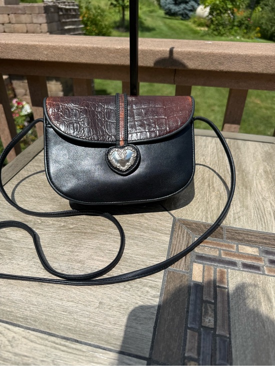Brighton Handbags - Brighton Black Crossbody with Brown Croc-Texture Flap and Heart Medallion